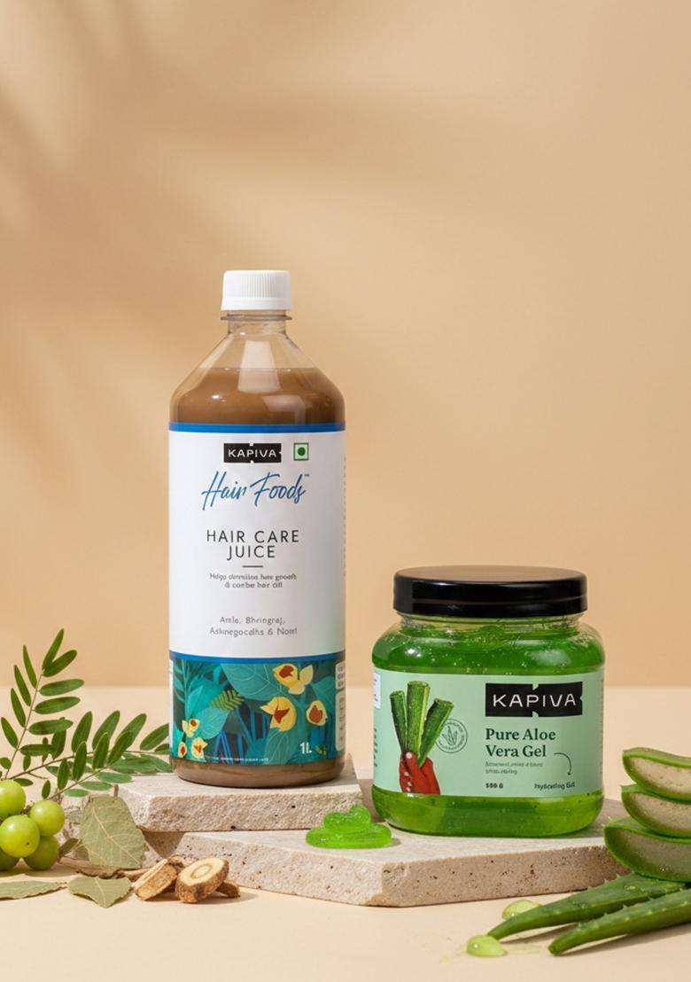 Kapiva Hair Care Juice | 100% Ayurvedic With Amla, Noni, Bhringraj And Ashwagandha (1L) + Pure Aloe Vera Skin Gel 500G For Face & - Indya