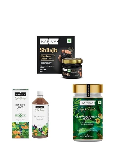 Kapiva Himalayan Shilajit/Shilajeet Resin, 20G, Dia Free Juice, 1L & Ashwagandha Gold Capsules, 183Rd Day Harvested Potent Nagori With For Men Women (60 Capsules)