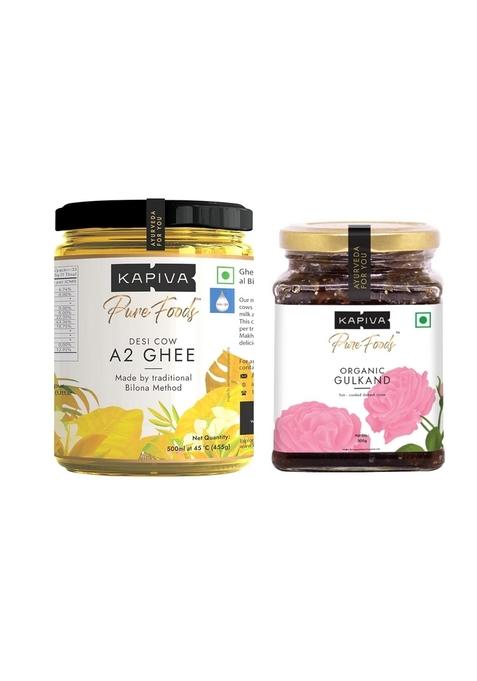 Kapiva A2 Desi Cow Ghee 500Ml | Bilona Method, Curd-Churned Pure, Natural, Healthy Grass-Fed Cultured + Organic Gulkand 300Gms (Rose Petal Jam) 100% Natural Sun-Cooked Damask Roses