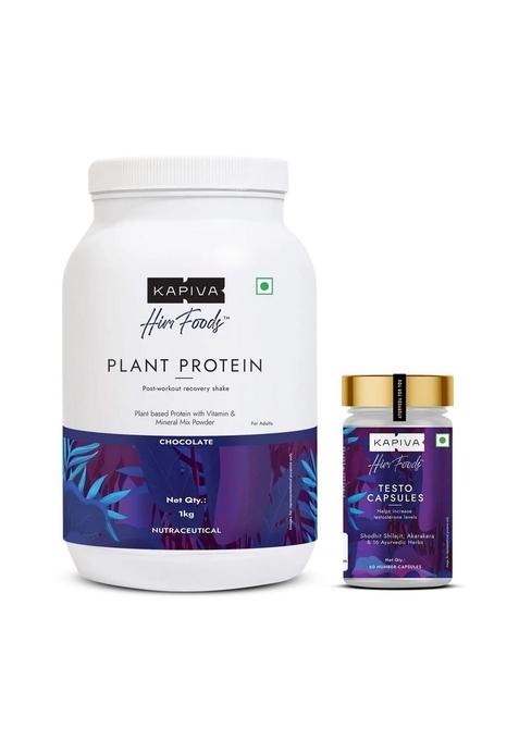 Kapiva Him Foods Plant Protein - Chocolate | 24.5G Per Scoop |100% Based (1Kg) + Testo Capsules 19 Ayurvedic Herbs For Daily Wellness And Strength