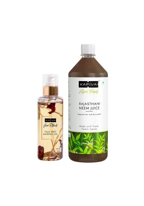 Kapiva Neem Juice 1 Ltr + Tulsi Anti Hairfall Oil 200 Ml