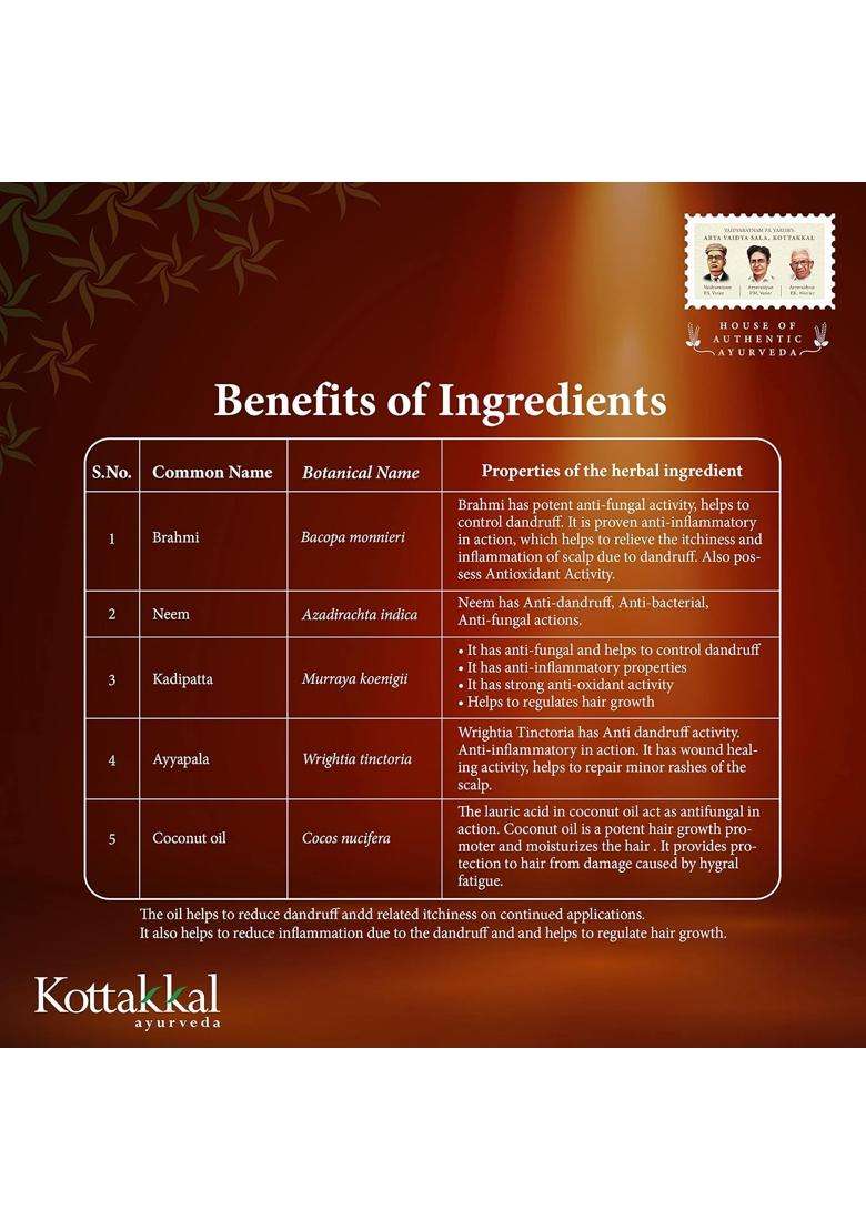 Kottakkal Ayurveda Anti Dandruff Hair Oil 150 ml | Authentic Traditional Formula | No Artificial Colour & Fragrance | Paraben & Sulphate Free - Indya