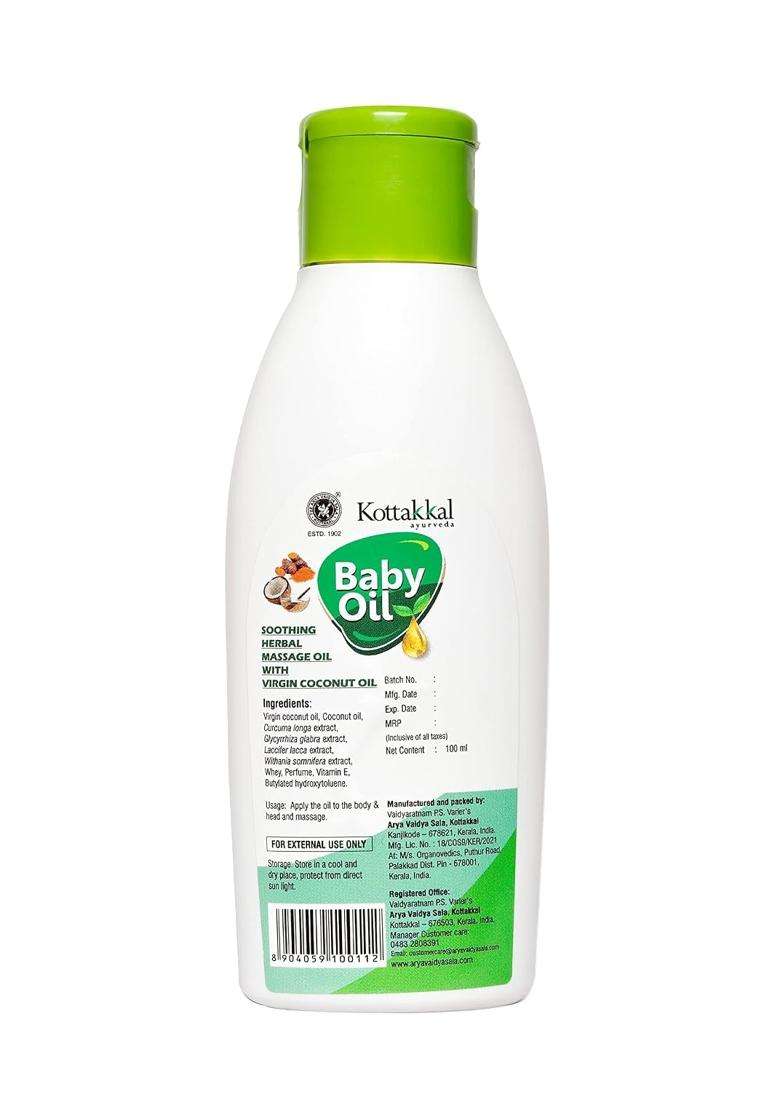 Kottakkal Ayurveda Baby Oil 100 ml | Authentic Traditional Formula | 100 ml, Herbal Massage Oil With Virgin Coconut Oil - Indya