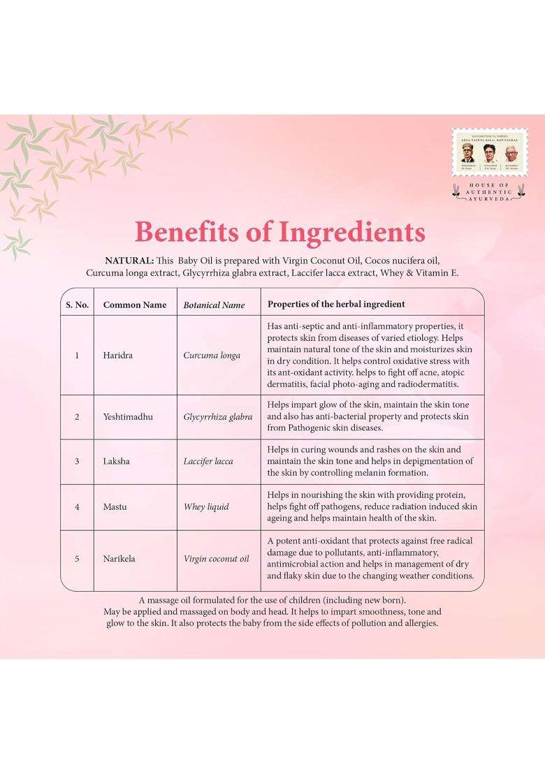 Kottakkal Ayurveda Baby Oil 100 ml | Authentic Traditional Formula | 100 ml, Herbal Massage Oil With Virgin Coconut Oil - Indya