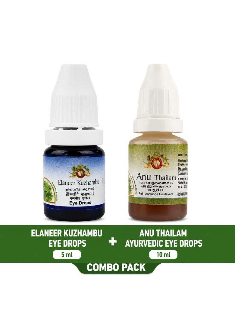 AVP Arya Vaidya Pharmacy Anu Thailam 10 ml & Elaneer Kuzhambu Eye Drops 5 ml Combo | Authentic Ayurvedic Formula - Indya