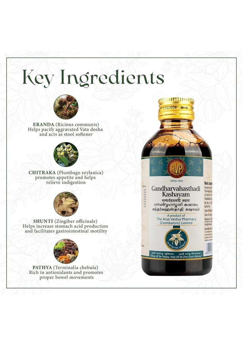 AVP Arya Vaidya Pharmacy Gandharvahasthadi Kashayam is an Authentic Formula for Better Digestive Health 200 ml | Authentic Ayurvedic Formula - Indya