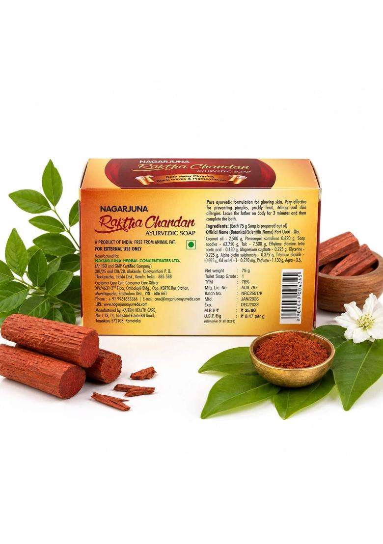 Nagarjuna Raktha Chandan Ayurvedic Soap,75 g, 300 g (Pack of 4) | Authentic Traditional Formula - Indya