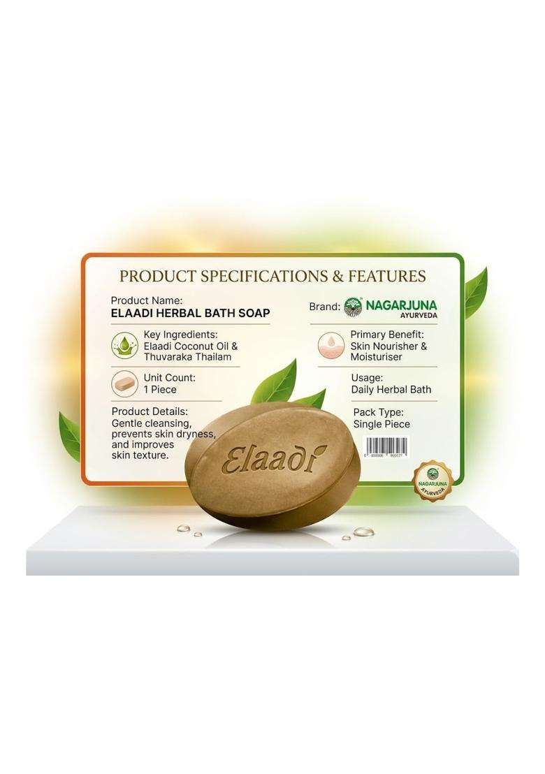Nagarjuna Elaadi Body Soap, Herbal Ayurvedic Bath Bar for Refreshing Cleansing and Daily Skin Care Routine 75 g | Authentic Traditional Formula - Indya