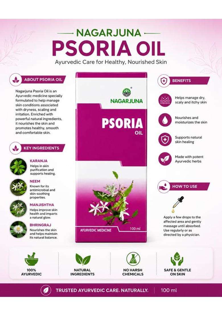 Nagarjuna Ayurveda Psoria Oil, Ayurvedic Herbal Body Care Oil for Daily Skin Care and Nourishing Massage Routine 200 ML - Indya