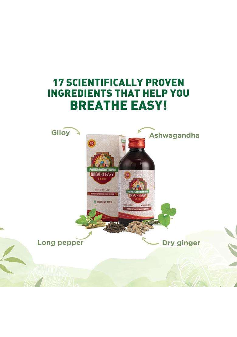 Pankajakasthuri Breathe Eazy Syrup Ayurvedic For Cough & Cold, Sinus, Asthma, Bronchitis & Breathing Disorders 200 ml | Authentic Traditional Formula - Indya