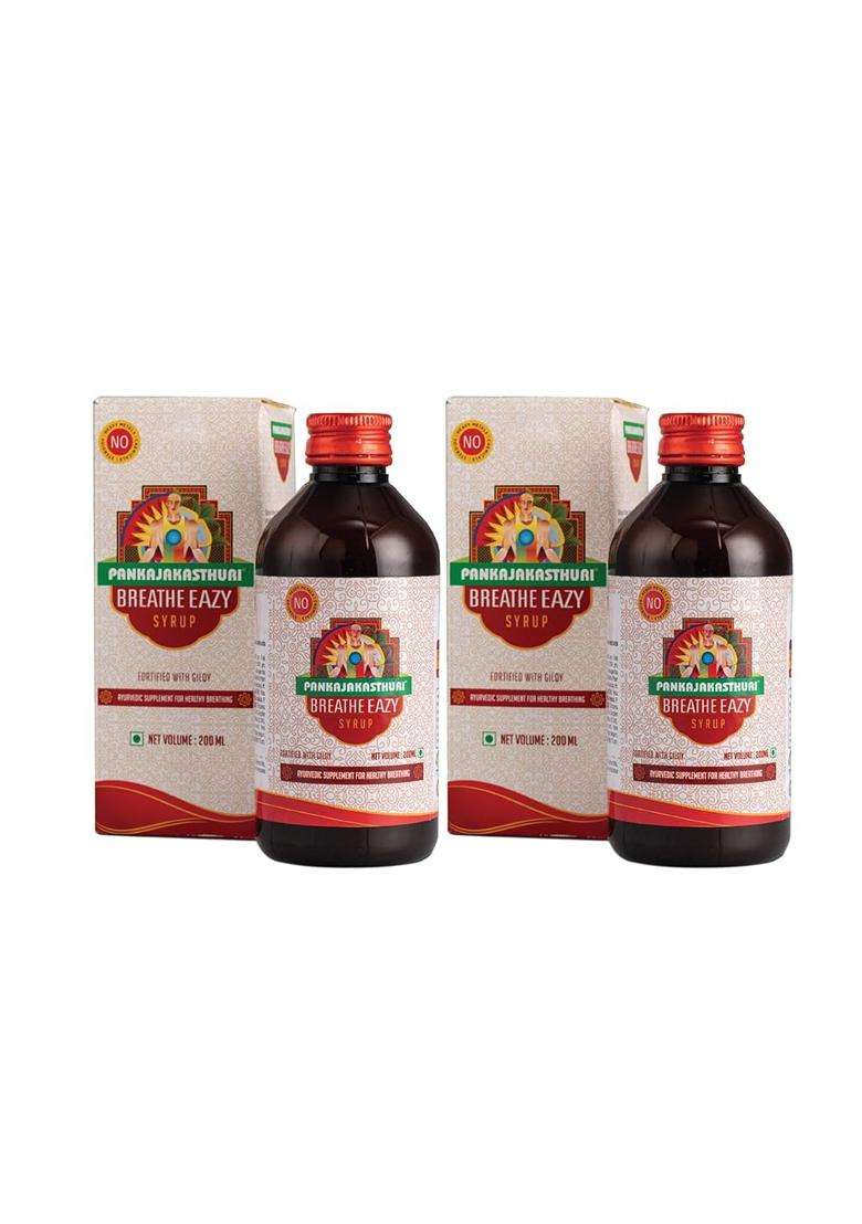 Pankajakasthuri Breathe Eazy Syrup Ayurvedic For Cough & Cold, Sinus, Asthma, Bronchitis & Breathing Disorders 200 ml (Pack of 2) - Indya