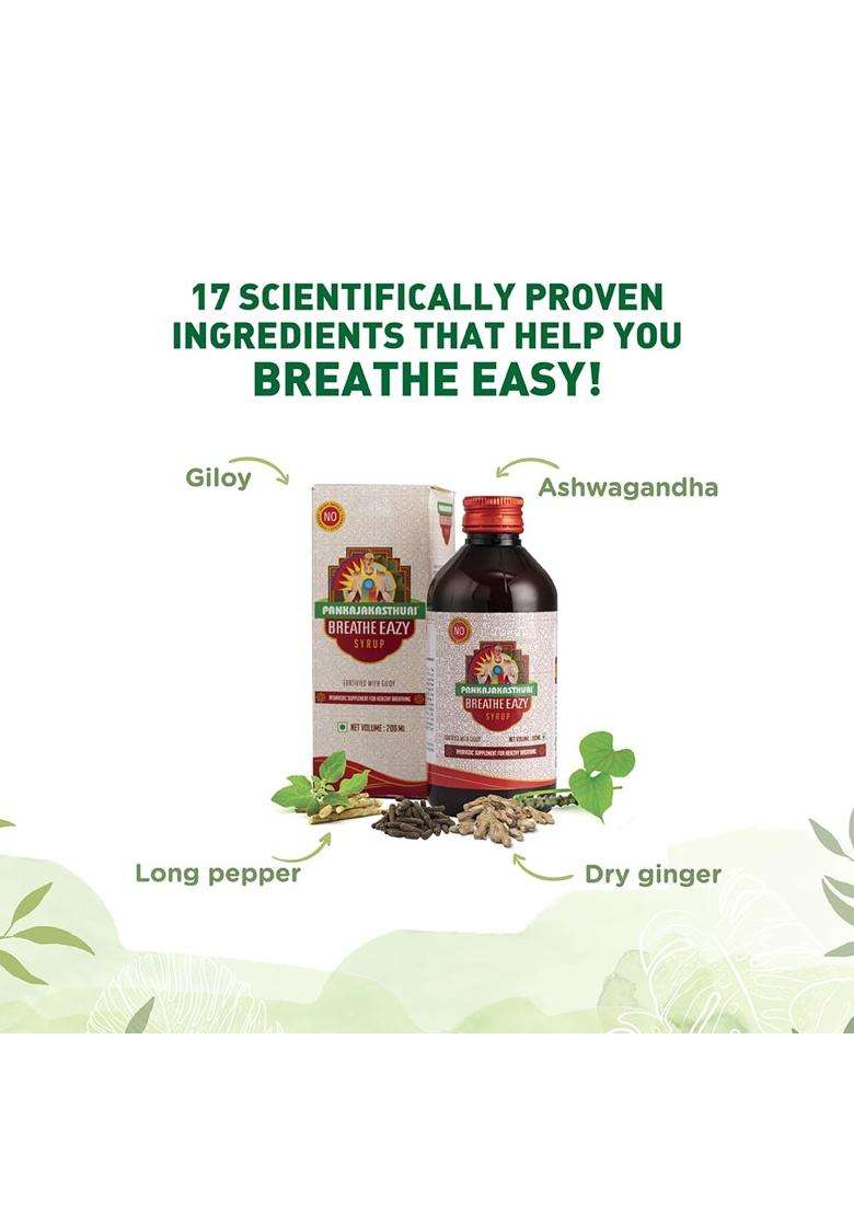 Pankajakasthuri Breathe Eazy Syrup Ayurvedic For Cough & Cold, Sinus, Asthma, Bronchitis & Breathing Disorders 200 ml (Pack of 2) - Indya
