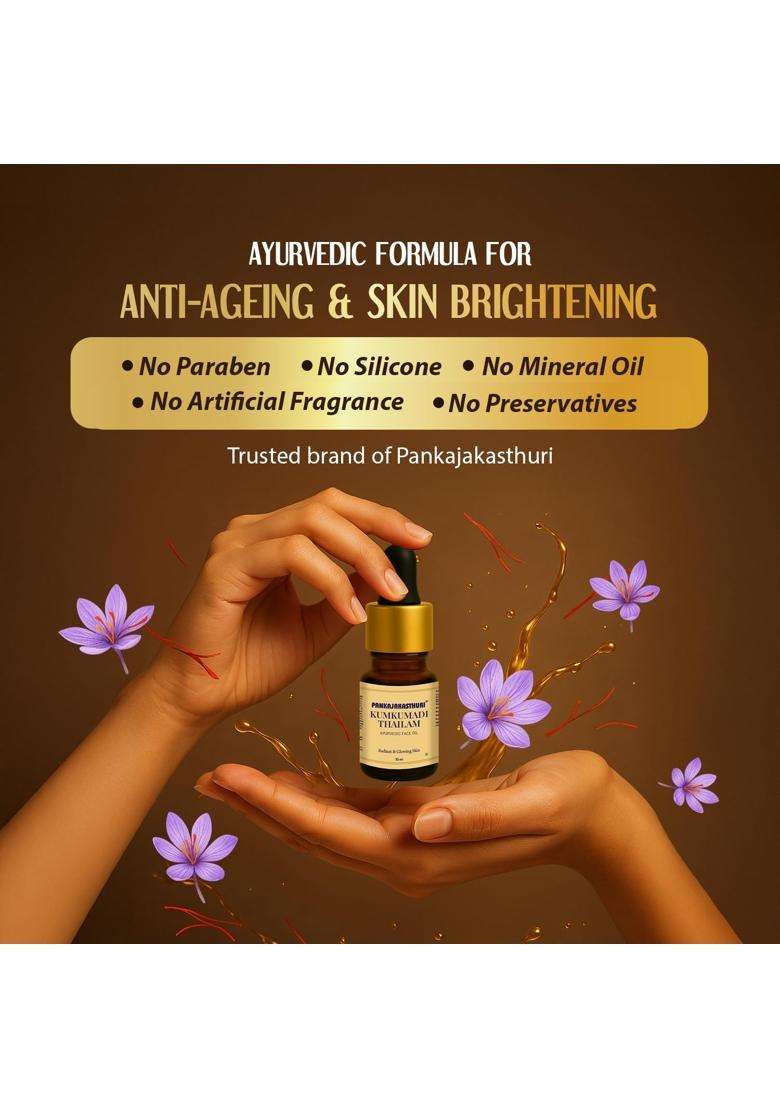 Pankajakasthuri Kumkumadi Thailam 10 ml | Authentic Traditional Formula | Anti Ageing | Radiant Skin | Brightening | Glowing, Ayurvedic face oil - Indya