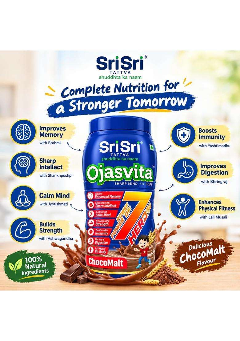 Sri Sri Tattva Ojasvita ChocoMalt Herbal Health Drink 1 kg Pet Jar (1kg) | Authentic Traditional Formula | Chocolate Malt Flavour - Indya