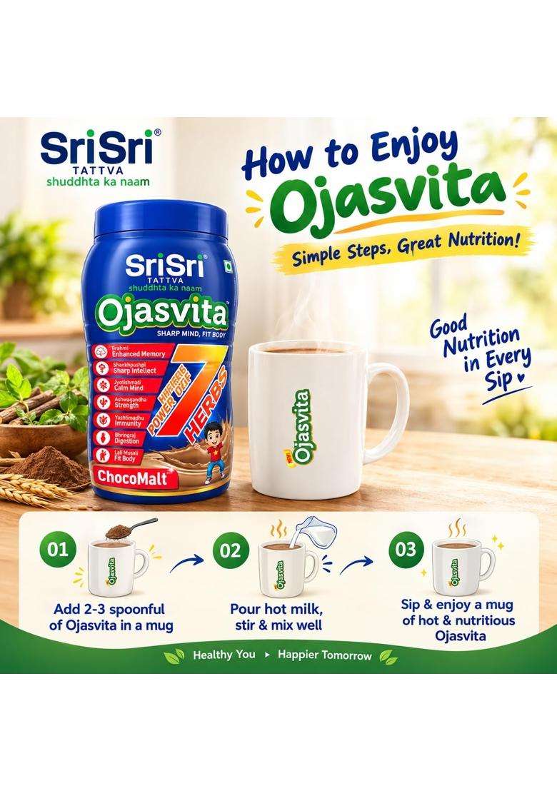 Sri Sri Tattva Ojasvita ChocoMalt Herbal Health Drink 1 kg Pet Jar (1kg) | Authentic Traditional Formula | Chocolate Malt Flavour - Indya