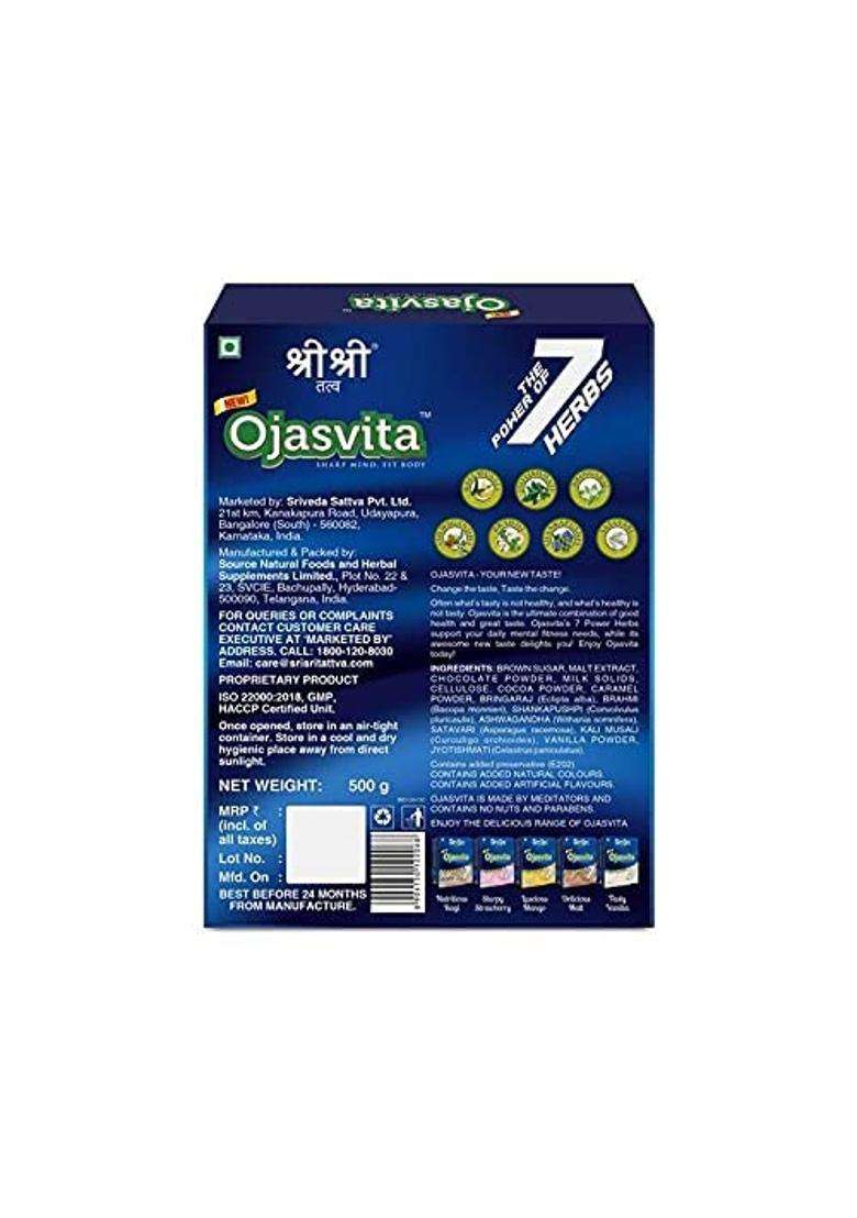Sri Sri Tattva Ojasvita Chocolate Health Drink Mix 500g | Authentic Traditional Formula | Ayurvedic Nutrition Drink with 7 Herbs for Kids & Adults - Indya