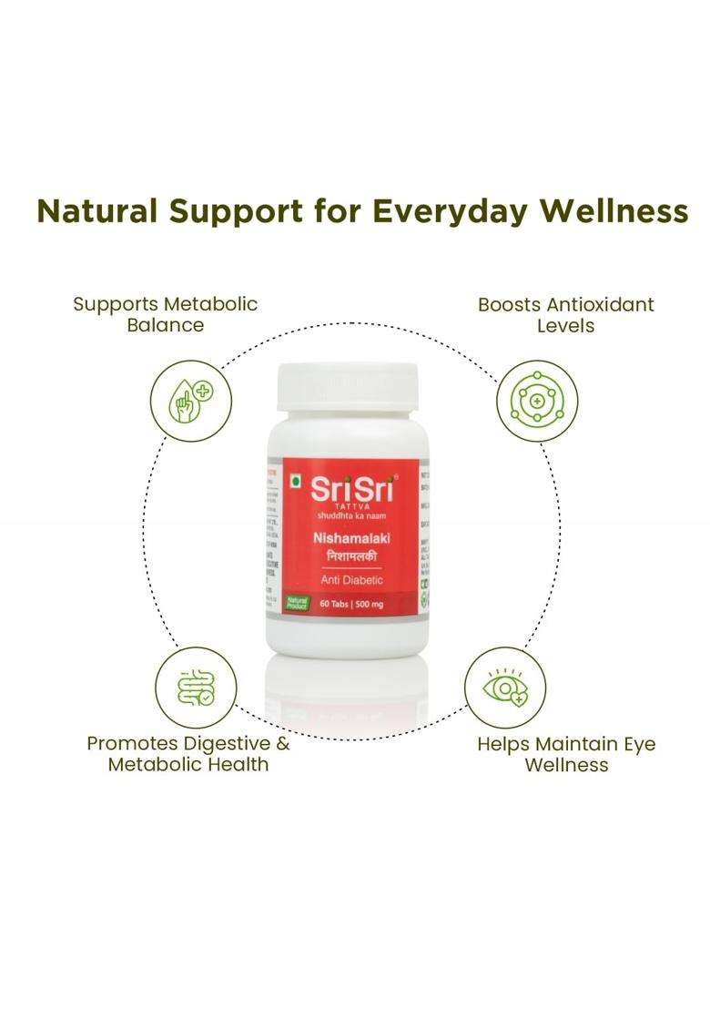 Sri Sri Tattva Nishamalaki 60 Tabs, 500 mg | Natural Herbal Care | Turmeric & Amla Herbal Tablets for Healthy Blood Sugar Levels - Indya