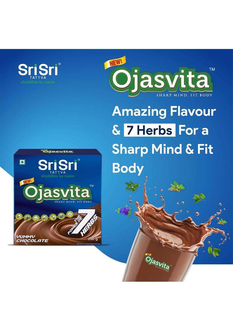 Sri Sri Tattva Ojasvita Chocolate Powder 200g | Memory Energy Immunity & Overall Wellness | 7 Herbs Health Drink Mix | Mix with Milk - Indya