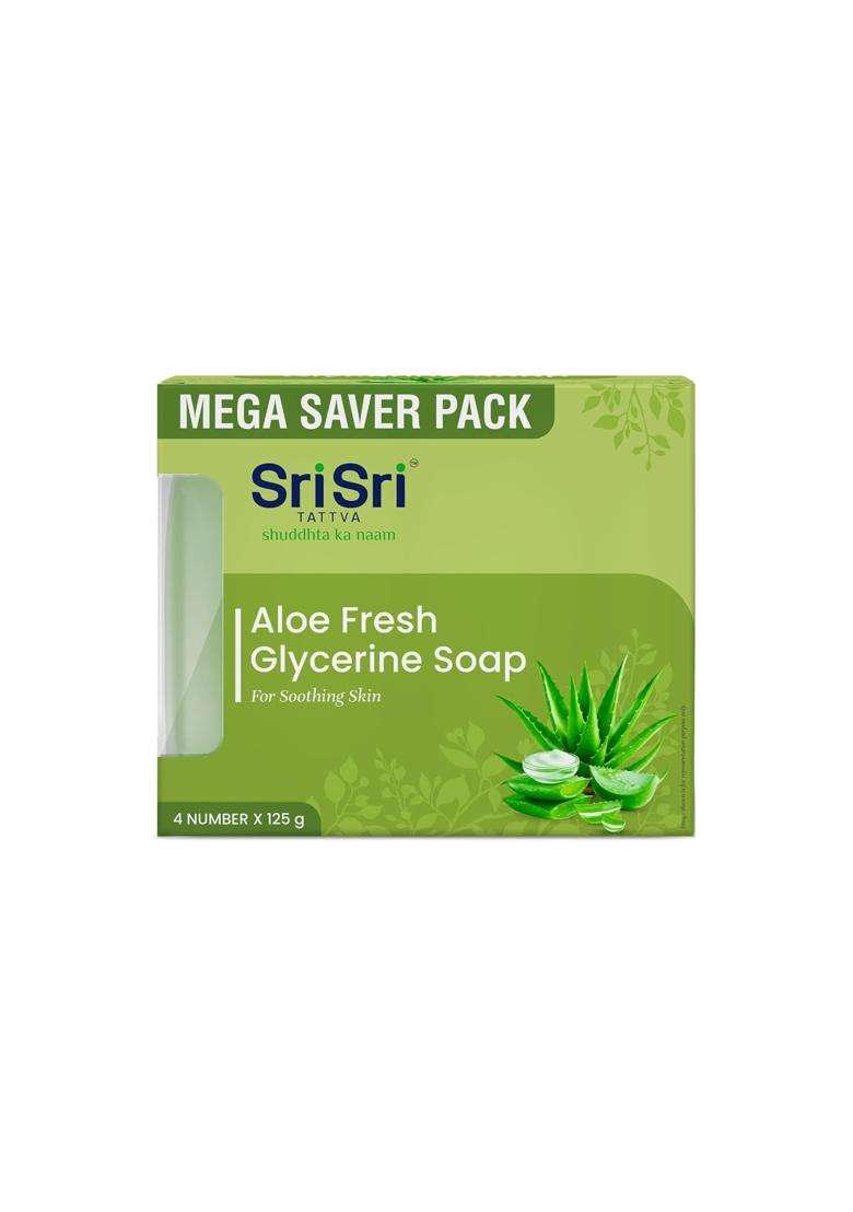Sri Sri Tattva Aloe Fresh Glycerine Soap Mega Saver (125g Each) (Pack of 4) | Soothing & Hydrating Bathing Bar with Natural Aloe Vera - Indya
