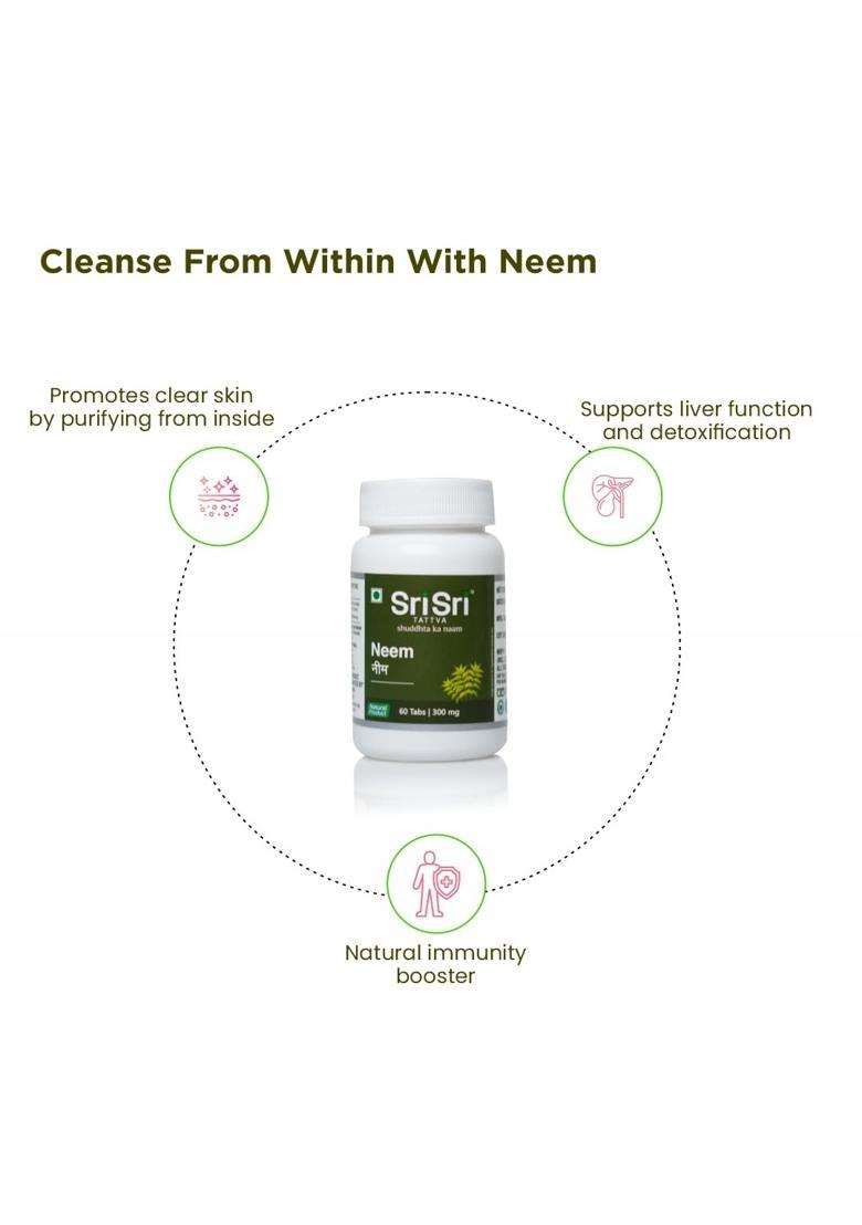 Sri Sri Tattva Neem Tablets 300 mg, 60 Tablets | Skin, Detox & Pitta-Kapha Balance Support | With Neem - Indya
