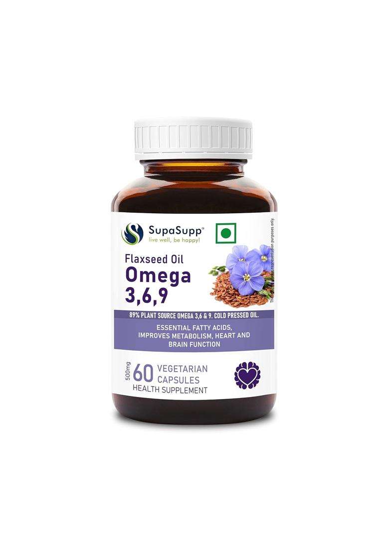 Sri Sri Tattva SupaSupp Flaxseed Oil Omega 3,6,9 60 Veg Cap, 500mg | Essential Fatty Acids, Improves Metabolism, Heart And Brain Function - Indya