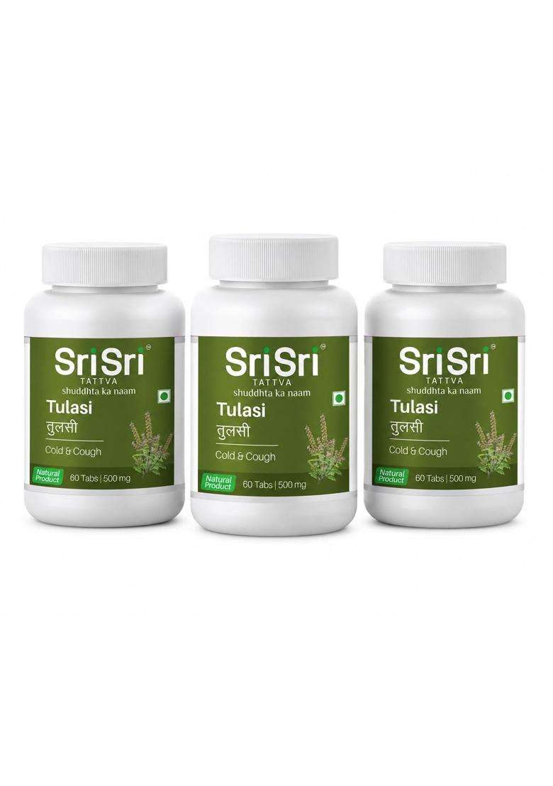 Sri Sri Tattva Tulasi Tablets 500 mg, 60 Tablets (Pack of 3) | Natural Herbal Care | Respiratory & Throat Wellness Support | 60 Tablets - Indya