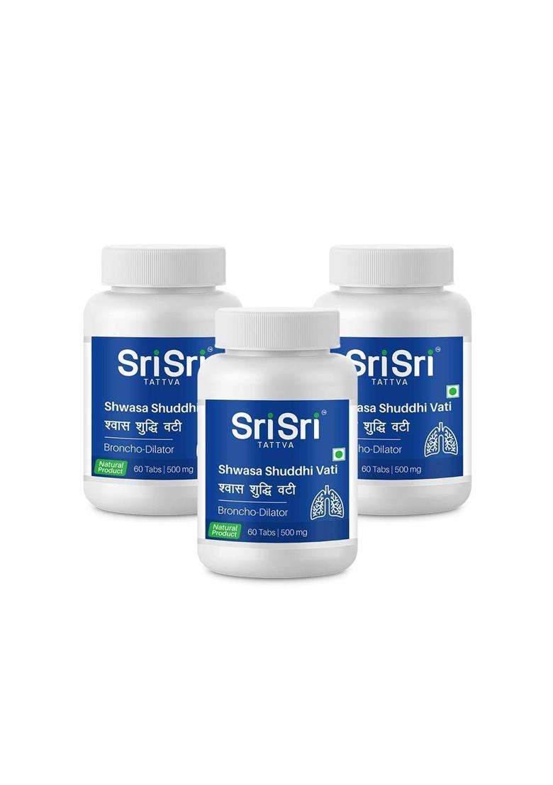 Sri Sri Tattva Shwasa Shuddhi Vati Tablets 500mg (Pack of 3) | Authentic Traditional Formula | 180 Tablets | Respiratory & Bronchial Wellness - Indya