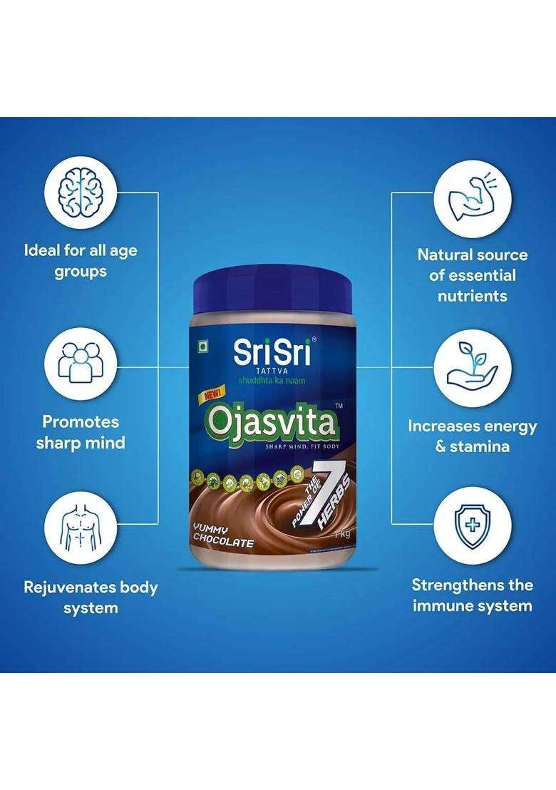 Sri Sri Tattva Chocolate Ojasvita 1kg Pet Jar (Pack of 2) | For Sharp Mind and Healthy Body | No Sugar | Milk Mix | Goodness of 7 Herbs - Indya