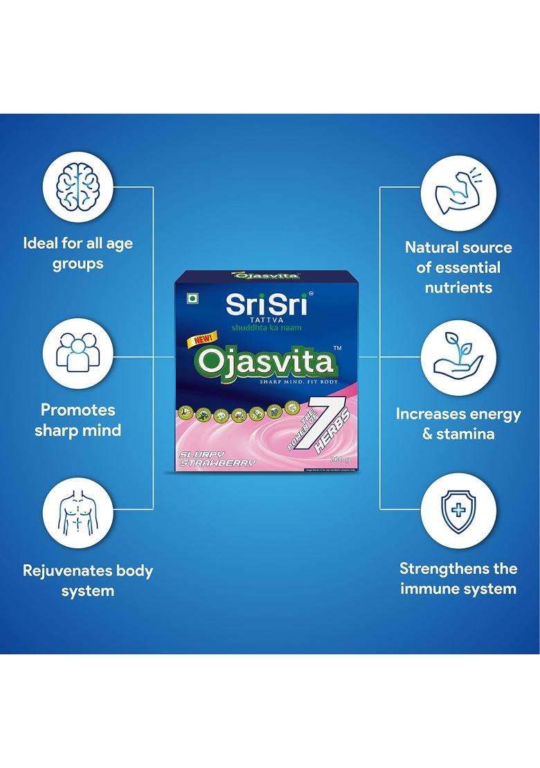 Sri Sri Tattva Ojasvita Slurpy Strawberry 200 g | Memory, Immunity, Energy, Strength & Digestion Support - Indya
