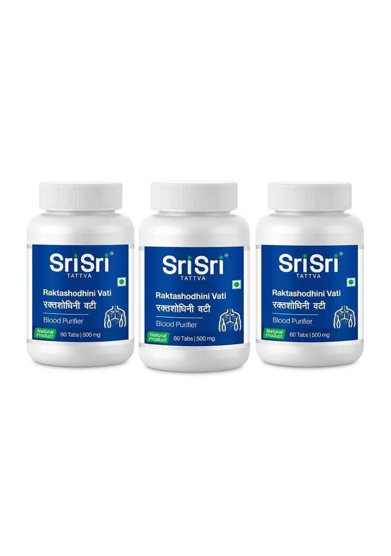 Sri Sri Tattva Raktashodhini Vati 500 mg, 60 Tablets (Pack of 3) | Authentic Ayurvedic Formula | Blood & Skin Wellness Support | 60 Tablets - Indya