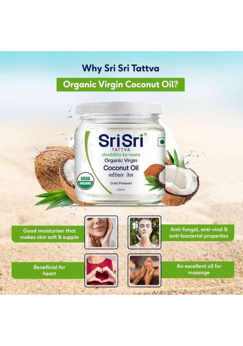 Sri Sri Tattva Organic Virgin Coconut Oil, 300 ml | Cold Pressed, Natural, Pure Coconut Oil for Healthy Hair and Skin Care - Indya