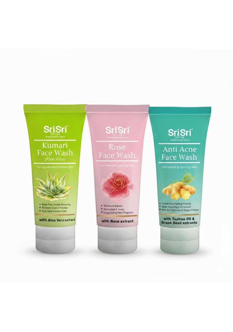 Sri Sri Tattva Face Wash Combo Pack 100 ml x 3 | Kumari Aloe Vera, Anti Acne & Rose Face Wash | Daily Cleansing, Oil Control & Glowing Skin Care - Indya