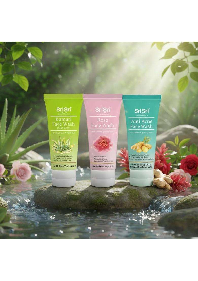 Sri Sri Tattva Face Wash Combo Pack 100 ml x 3 | Kumari Aloe Vera, Anti Acne & Rose Face Wash | Daily Cleansing, Oil Control & Glowing Skin Care - Indya
