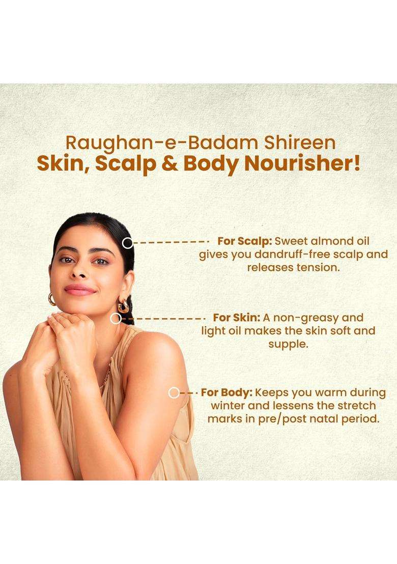 Hamdard Raughan-E-Badam Shireen Sweet Almond Oil for Body, Skin & Hair 100 ml | Natural Almond Oil | Helps Enhance Memory | Helps Relieve Constipation - Indya