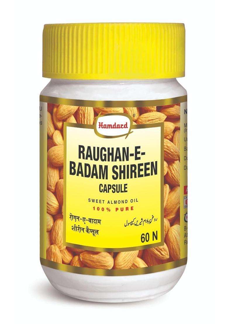 Hamdard Roghan Badam Shirin Capsules with Complete Nutrition of Almond Oil Extract for Healthy and Strong Hair 60 Capsules - Indya