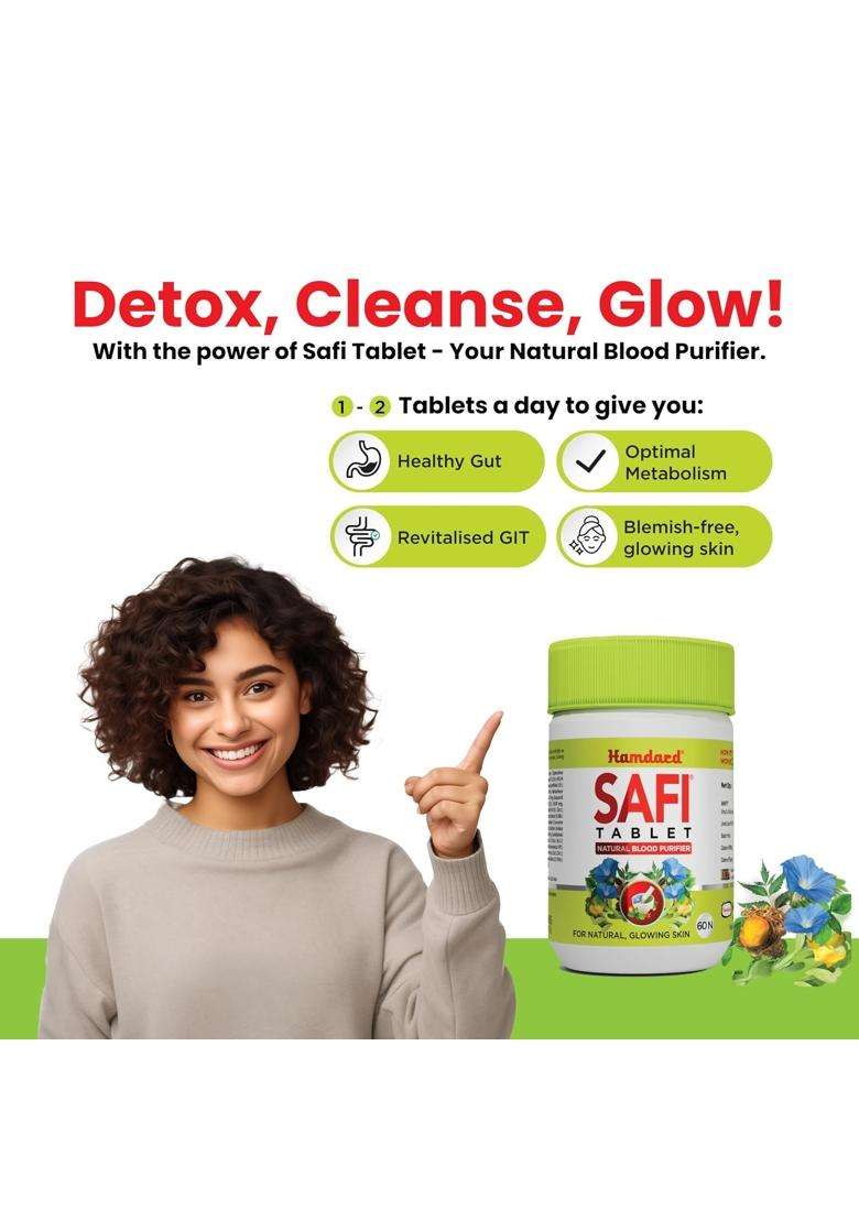 Hamdard Safi Tablet for Healthy & Glowing Skin 60 Tablets Each (Pack of 2) | Natural Blood Purifier | Anti-Bacterial & Detoxifier - Indya