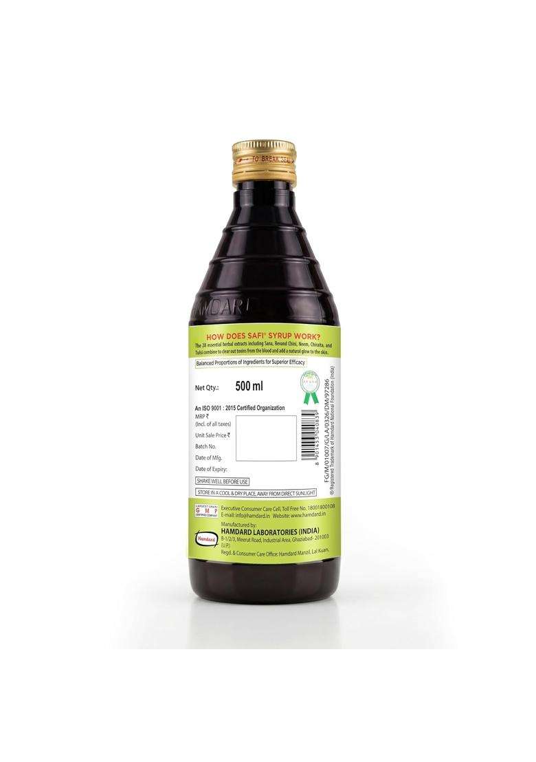 Hamdard Safi Blood Purifier Syrup for Healthy & Glowing Skin 500 ml | 100% Pure | Clears Stomach | Improves Liver Function and blood circulation - Indya