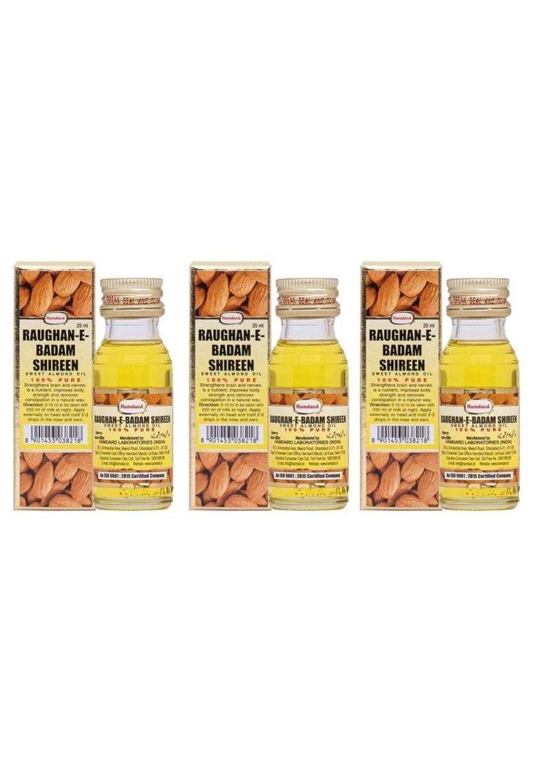 Hamdard Raughan-E-Badam Shireen Sweet Almond Oil for Body, Skin & Hair 25 ml (Pack of 3) | Natural Almond Oil | Helps Enhance Memory - Indya