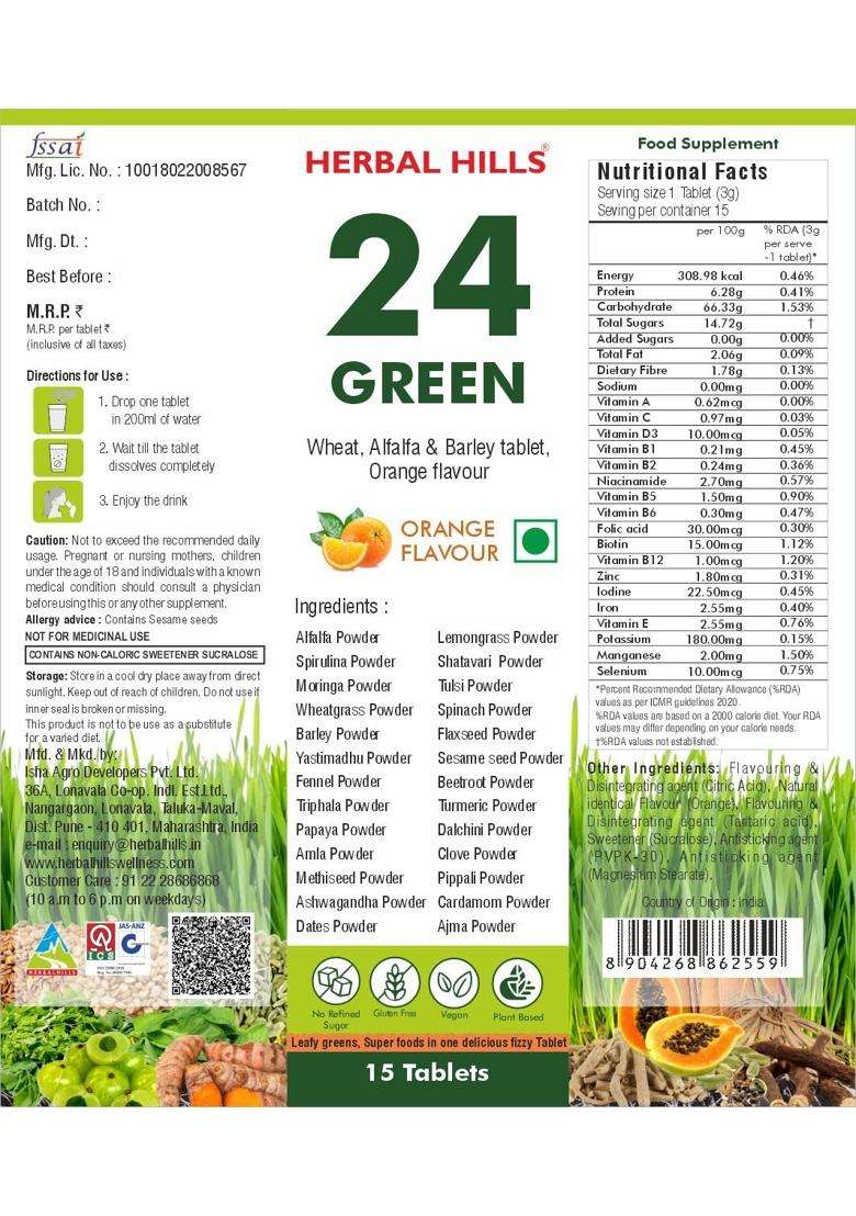 Herbal Hills Green Daily Effervescent Tablets, 15 Count | Natural Herbal Care - Indya