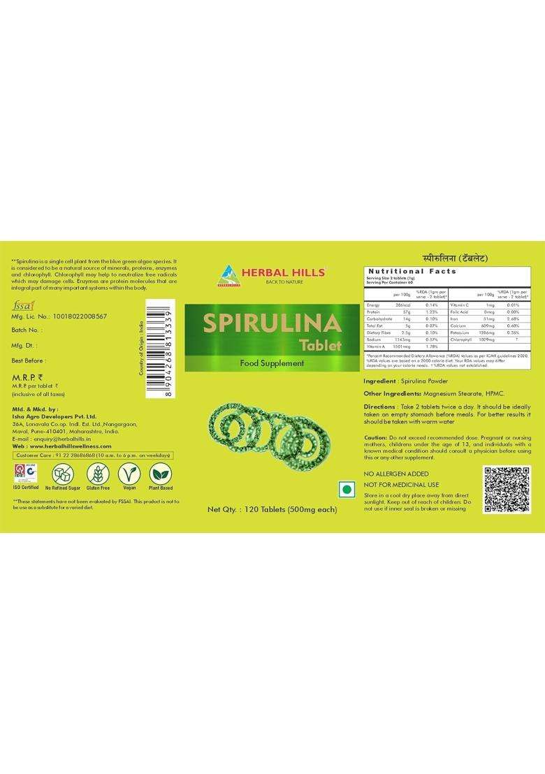 Herbal Hills Spirulina Tablets, 120 Count (Pack of 5) | Natural Herbal Care - Indya