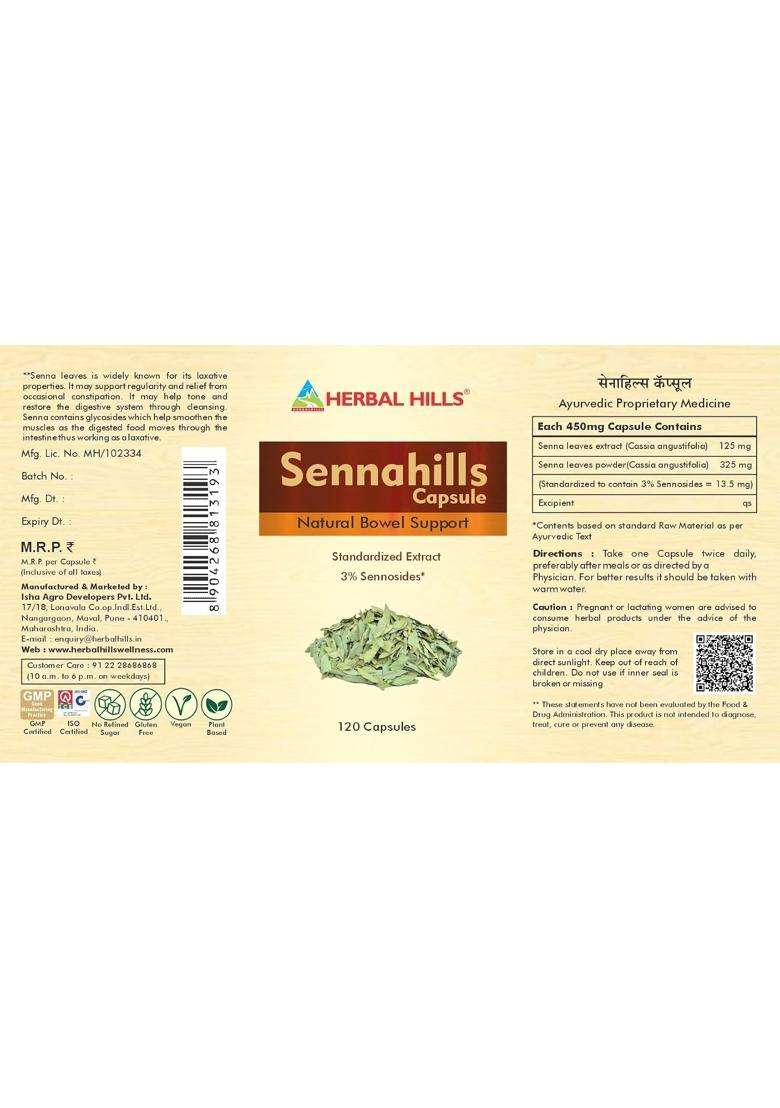 Herbal Hills Senna Capsules, 120 Count (Pack of 4) | Natural Herbal Care - Indya