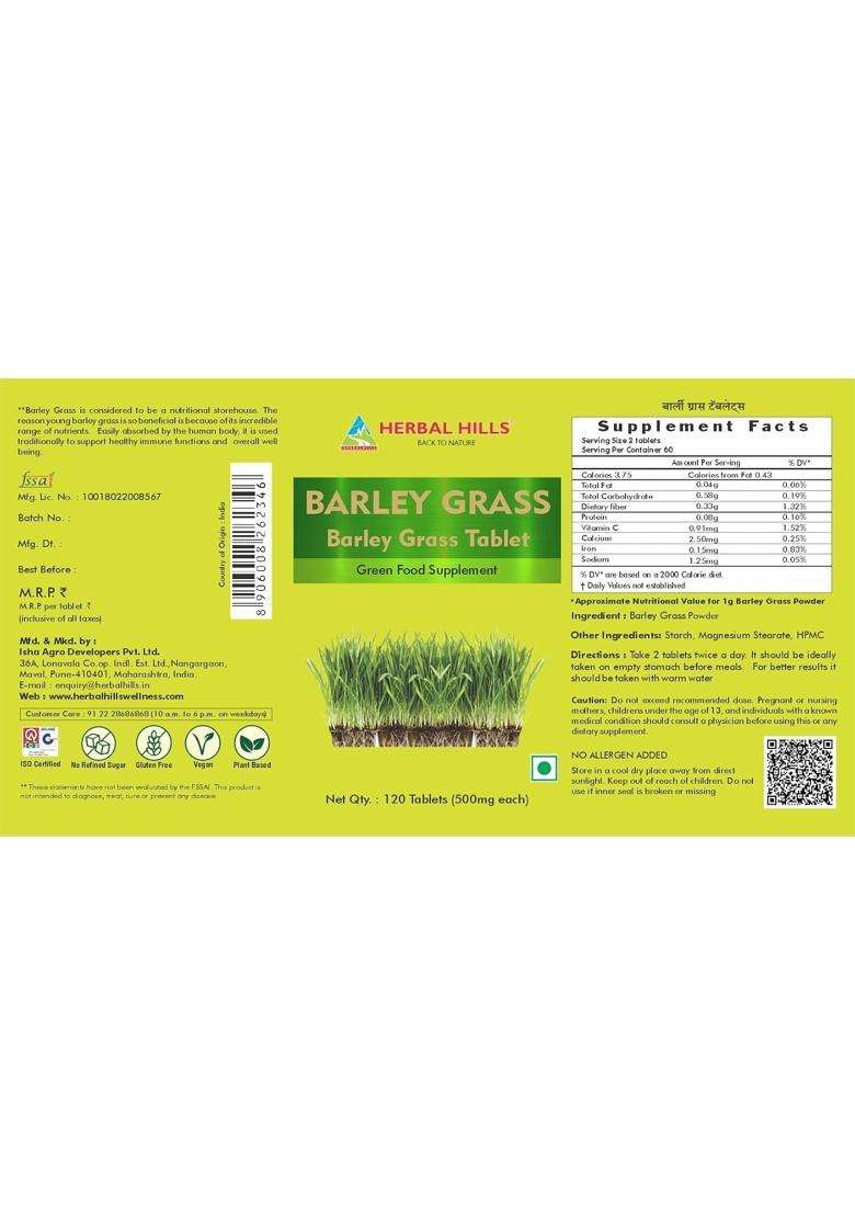 Herbal Hills Barley Grass Tablets, 120 Count | Natural Herbal Care - Indya