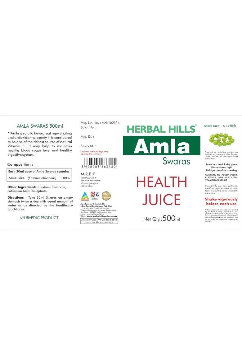 Herbal Hills Amla Swaras Juice, 500 ml | Natural Herbal Care - Indya
