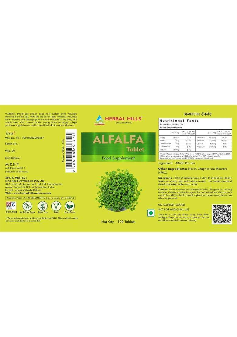 Herbal Hills Alfalfa Tablets, 120 Count (Pack of 2) | Natural Herbal Care - Indya