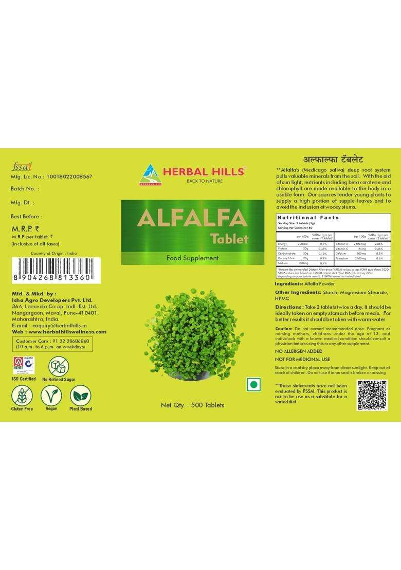 Herbal Hills Alfalfa Tablets (500 Count (Pack of 4) | Natural Herbal Care - Indya