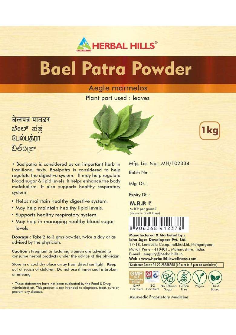 Herbal Hills Baelpatra Powder, 1 kg (Pack of 4) | Natural Herbal Care - Indya