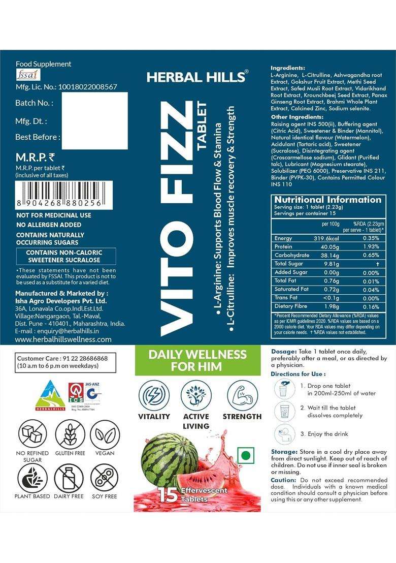 Herbal Hills Vito Fizz Mens Tablets, 15 Count (Pack of 2) | Natural Herbal Care - Indya