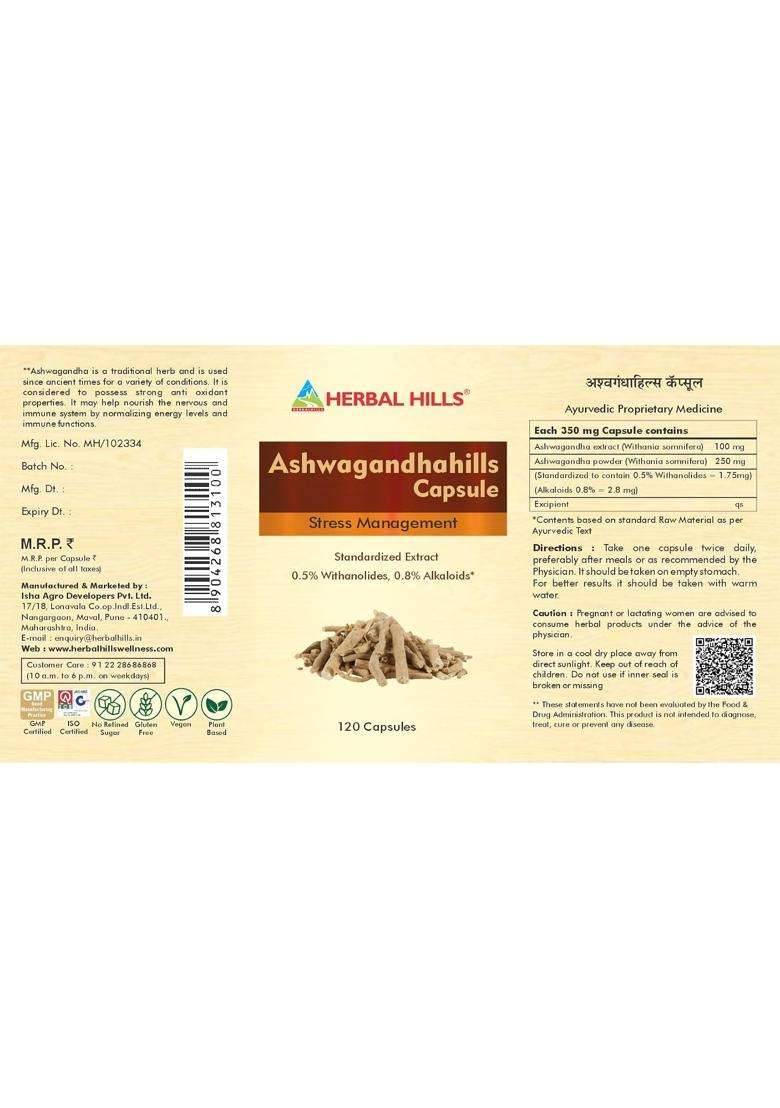 Herbal Hills Ashwagandhahills Capsules, 120 Count (Pack of 5) | Natural Herbal Care - Indya