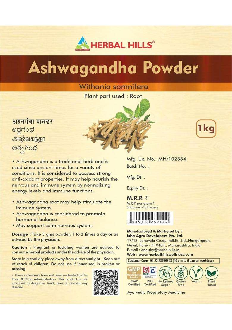 Herbal Hills Ashwagandha Powder, 1 kg (Pack of 2) | Natural Herbal Care - Indya