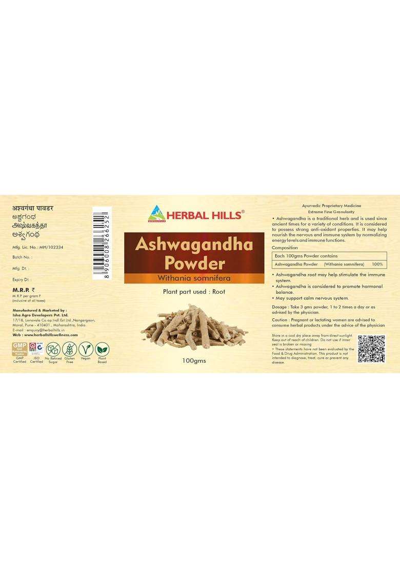 Herbal Hills Ashwagandha Powder, 100 g (Pack of 5) | Natural Herbal Care - Indya